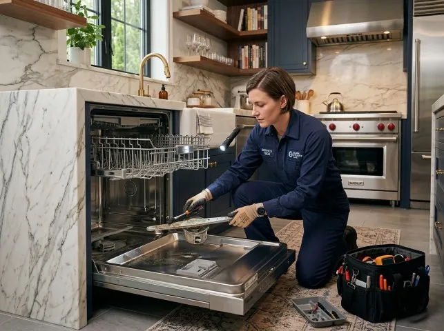 Appliance Repair Hero technician servicing a built-in dishwasher in a Bernalillo, NM kitchen