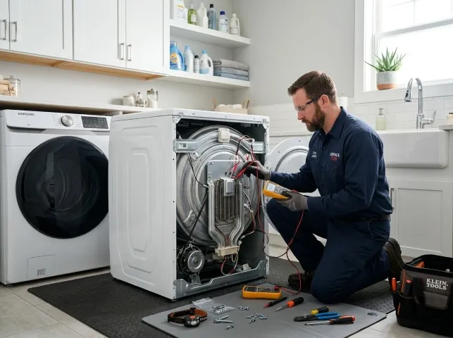 Appliance Repair Hero technician checking a dryer heating element with the rear panel off in Bernalillo, NM