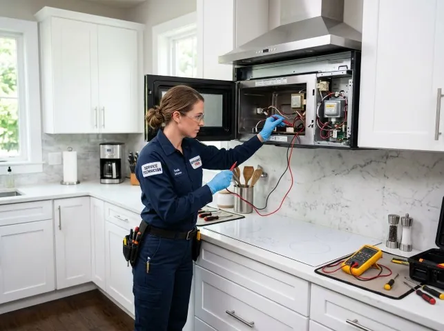 Appliance Repair Hero technician testing an over-the-range microwave in a Bernalillo, NM kitchen