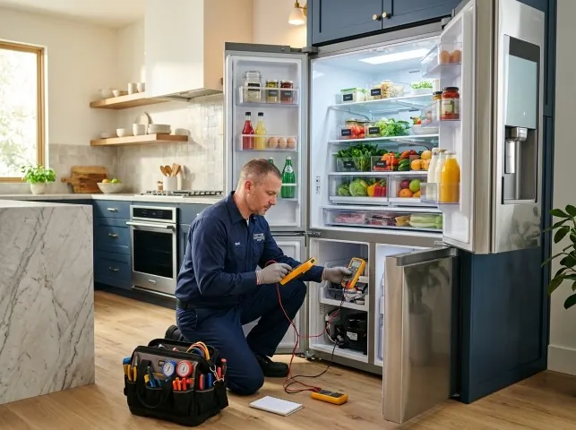Appliance Repair Hero refrigerator technician testing a fridge on a Bernalillo, NM service call