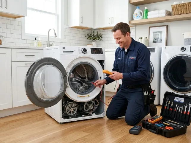 Appliance Repair Hero technician testing a front-load washer with a multimeter on a Bernalillo, NM service call